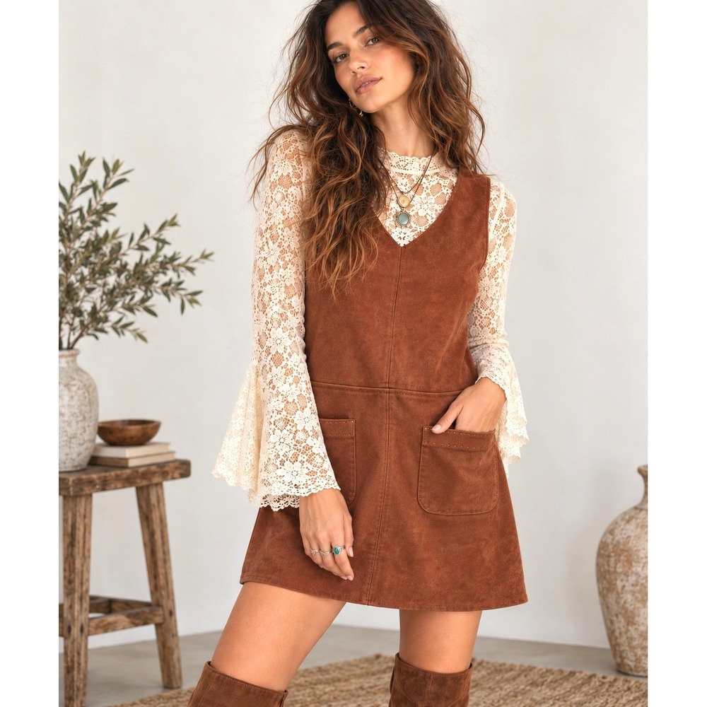 Boho Faux Suede Jumper Dress Sz M Rust V-Neck Retro Fall Autumn Preppy Earthy
